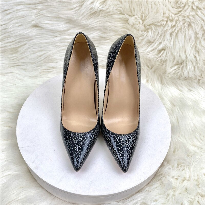 Tikicup Geometry Pattern Print Women Black Patent Pointy Toe High Heel Celebrity Party Shoes Sexy Slip On Stiletto Pumps