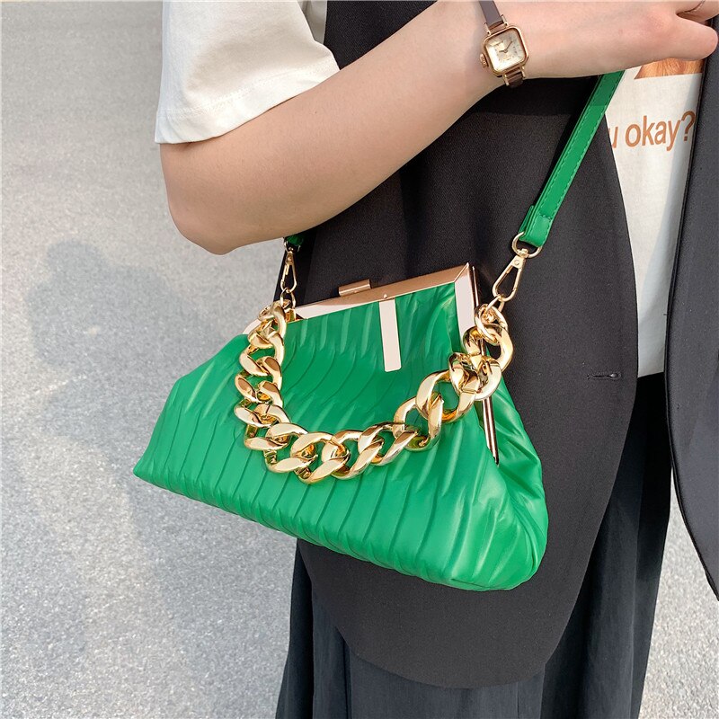 Women's Bag Trend Fashionable Thick Chain Crossbody Bags Striped Leather Ladies Hand Bags Luxury Evening Shoulder Bag Woman