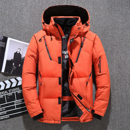 Kurze Winterjacke für Herren mit dicker weißer Entendaunenjacke und Kapuze, mehrere Taschen, Outdoor-Set