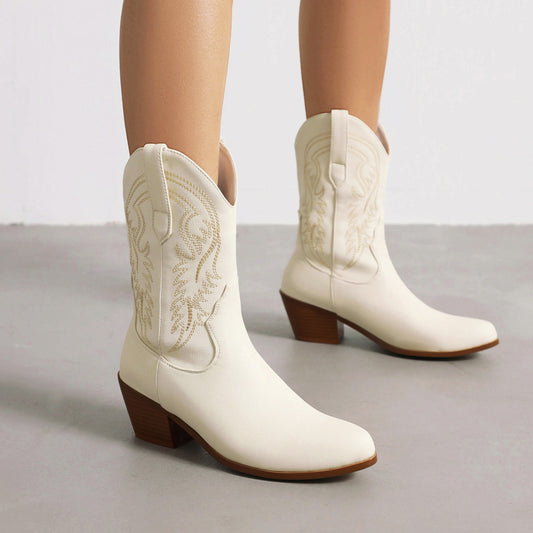 Women's Fashionable Simple Thick Mid Heel Sleeve Embroidered Ankle Boots