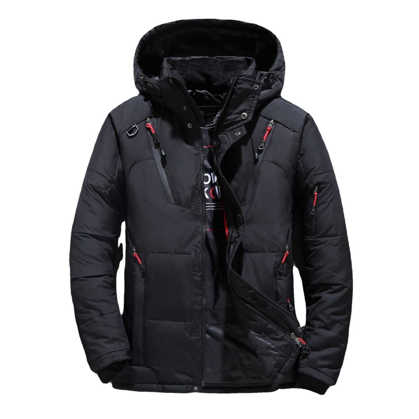 Kurze Winterjacke für Herren mit dicker weißer Entendaunenjacke und Kapuze, mehrere Taschen, Outdoor-Set