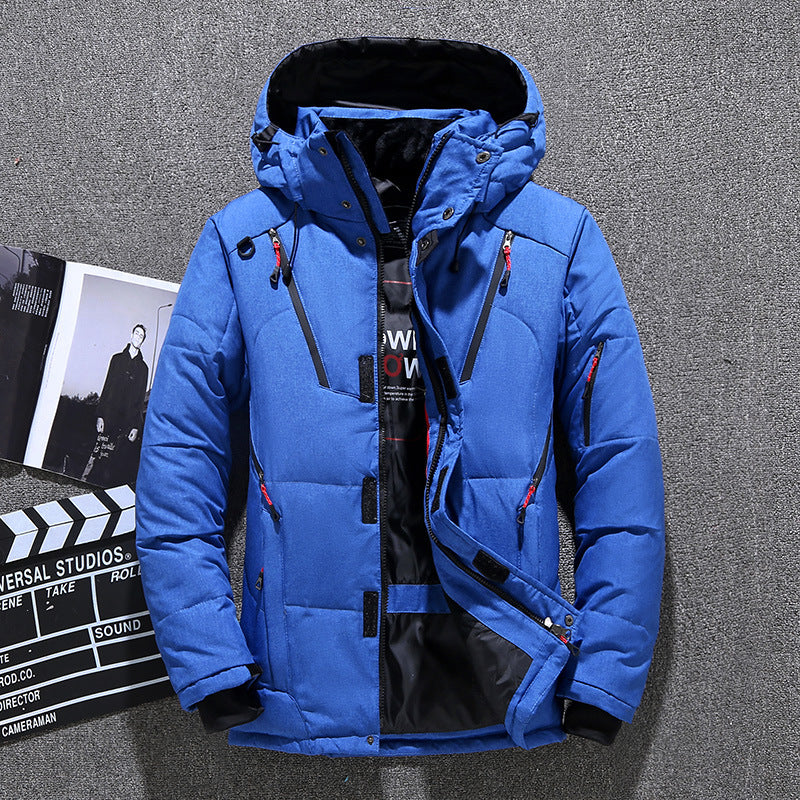 Kurze Winterjacke für Herren mit dicker weißer Entendaunenjacke und Kapuze, mehrere Taschen, Outdoor-Set