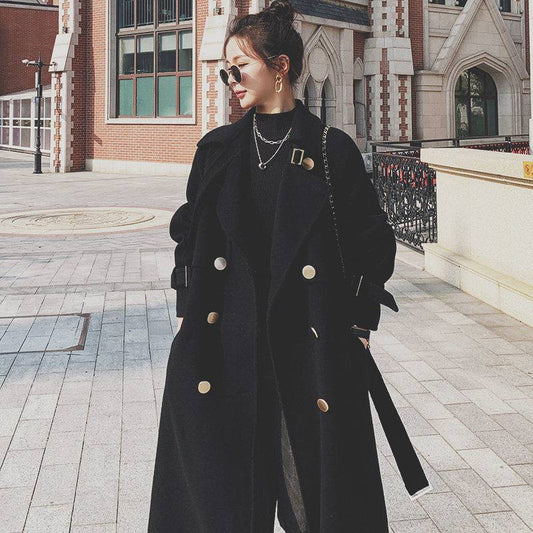 Black Woolen Coat Women's Mid-length