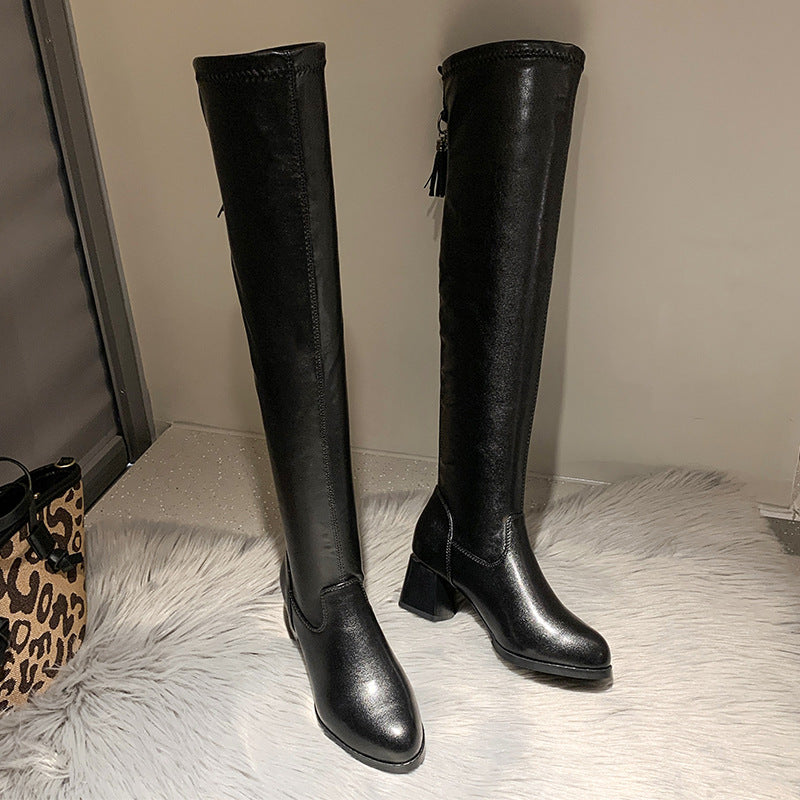 Chunky Heel Women's Over-the-knee Boots Long Boots 5cm Plus Velvet