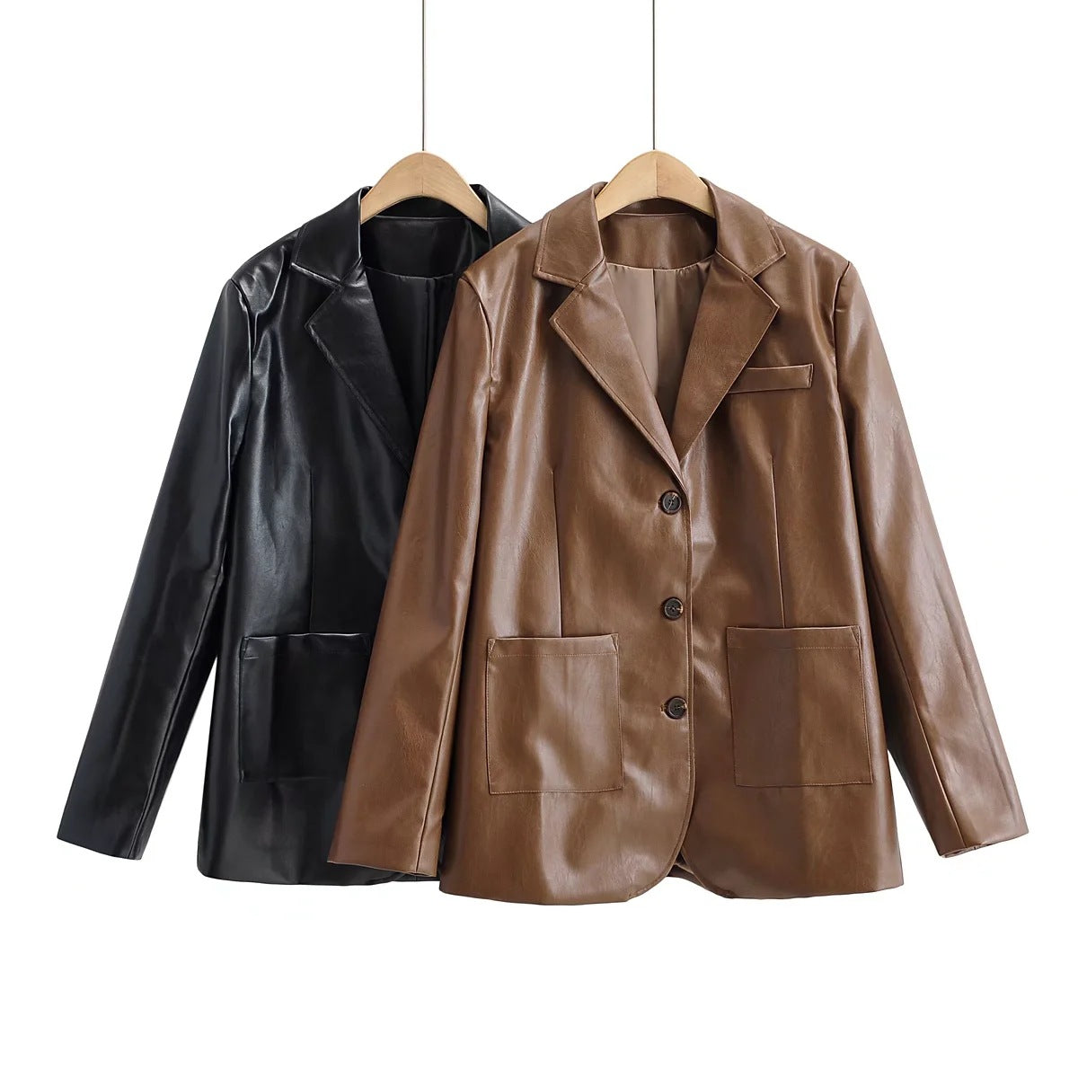 Temperament Commuting Light Cooked Wind Big Pocket Faux Leather Suit Jacket