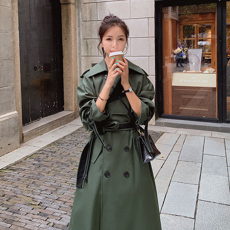 Mid-length Vintage Coat Military Green Double-breasted Trench Coat