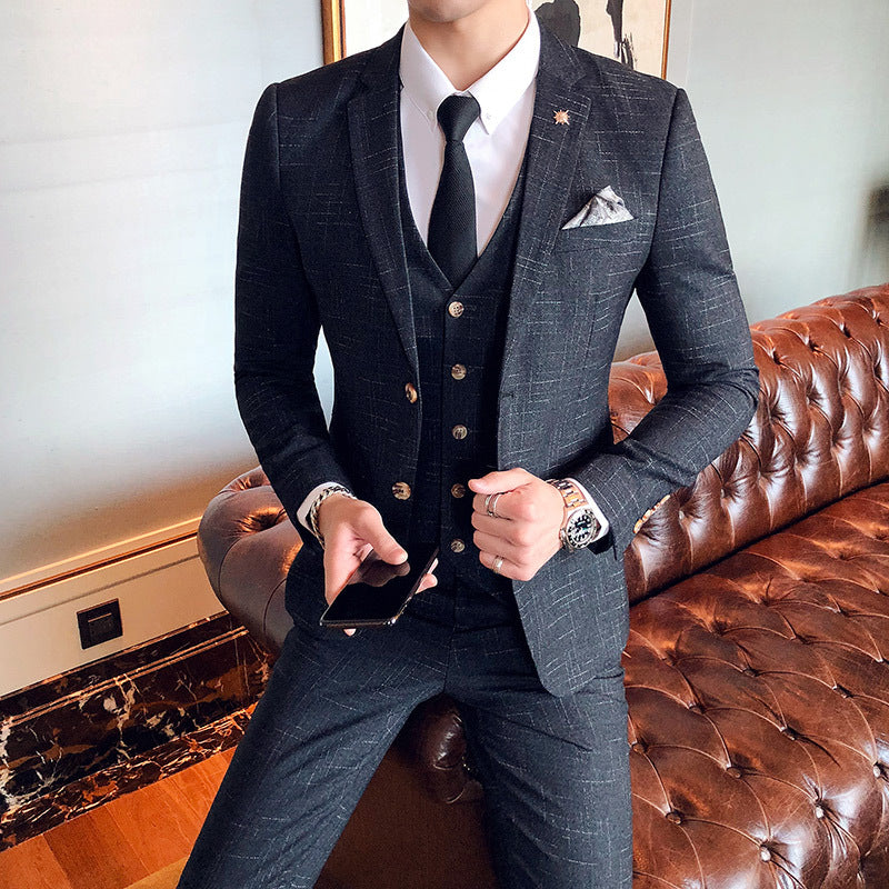 Slim-fit Three-piece Suit With Dark Pattern Business Casual