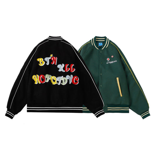 Street Letter Embroidered Baseball Jacket For Men And Women