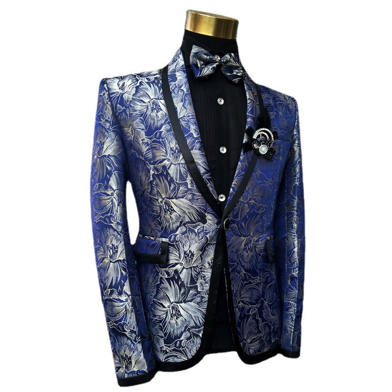 Blauer Anzug für Herren mit Blumenmuster für Hochzeiten, Sänger und Abschlussbälle