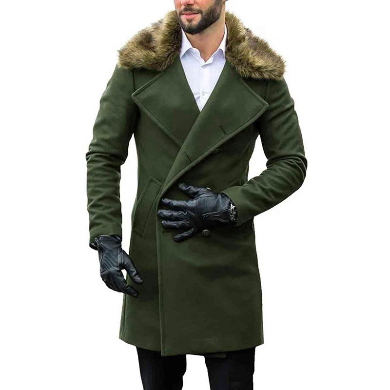 Men's Fashion Fur Collar Long Sleeve Coat Double-breasted Woolen