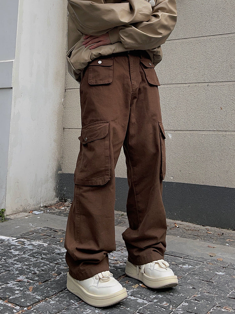 Pants Casual Multi-pocket Loose Straight Retro American Overalls In Brown