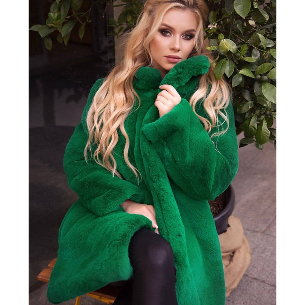 Stand-up Collar Winter Faux Fur Coat Mid-length