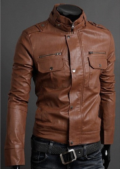Fashionable Men's Stand Collar Motorcycle Leather Jacket