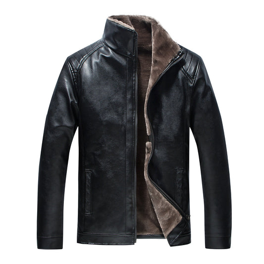 Men's Stand Collar Leather Jacket Plush Leisure