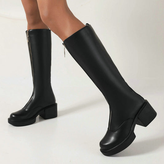 Women's Knight Martin Boots Round Toe Chunky Heel Front Zipper