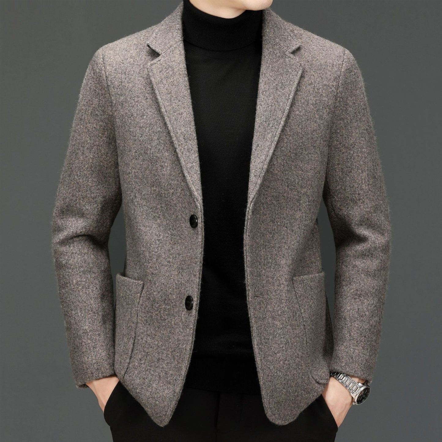 Men's Simple Casual Fit Solid Color Wool Tweed Jacket