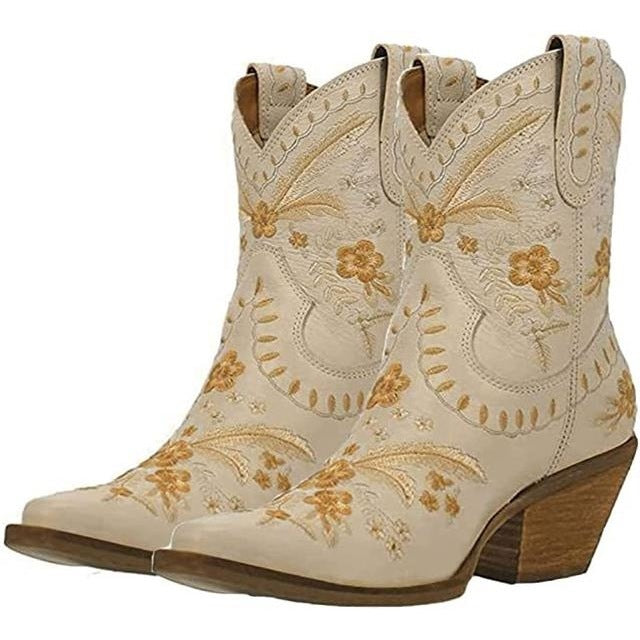 Plus Size Chunky High Heel Embroidered Sleeve Ankle Boots