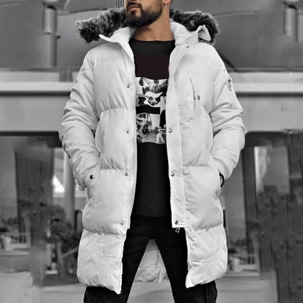 Pure Color Hooded Zipper Warm Cotton Long Single-breasted Pocket Casual Coat Men