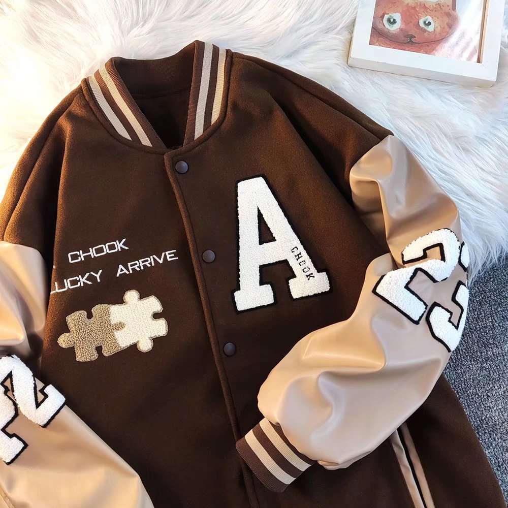 American Retro Puzzle Leather Embroidery Jacket For Men Couple