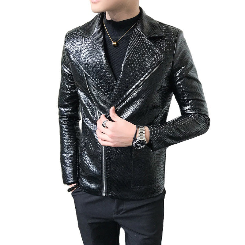 Slim Fit Diagonal Zip Plus Cotton Thermal Leather Jacket