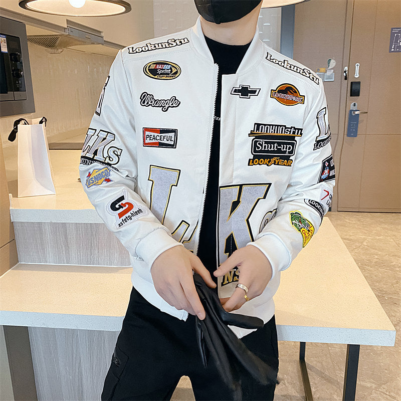 Plus Cotton Racing Suit Baseball Collar Motorcycle Leather Men's Trendy Leather Jacket