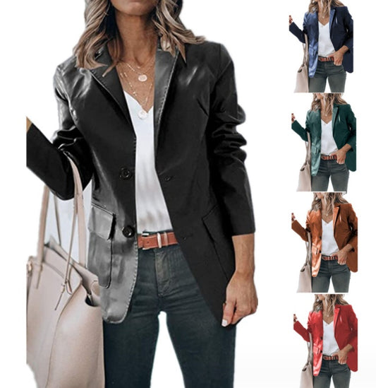 Lapel Single Breasted Solid Color PU Leather Women's Coat