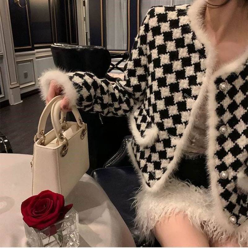 Ladies Style Checkerboard Plaid Cotton Short Coat Women