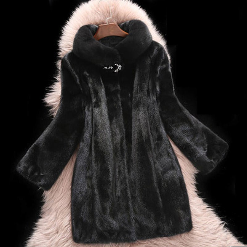 Women's Mink Coat Stand-up Collar Fur Mid-length Casual Slim