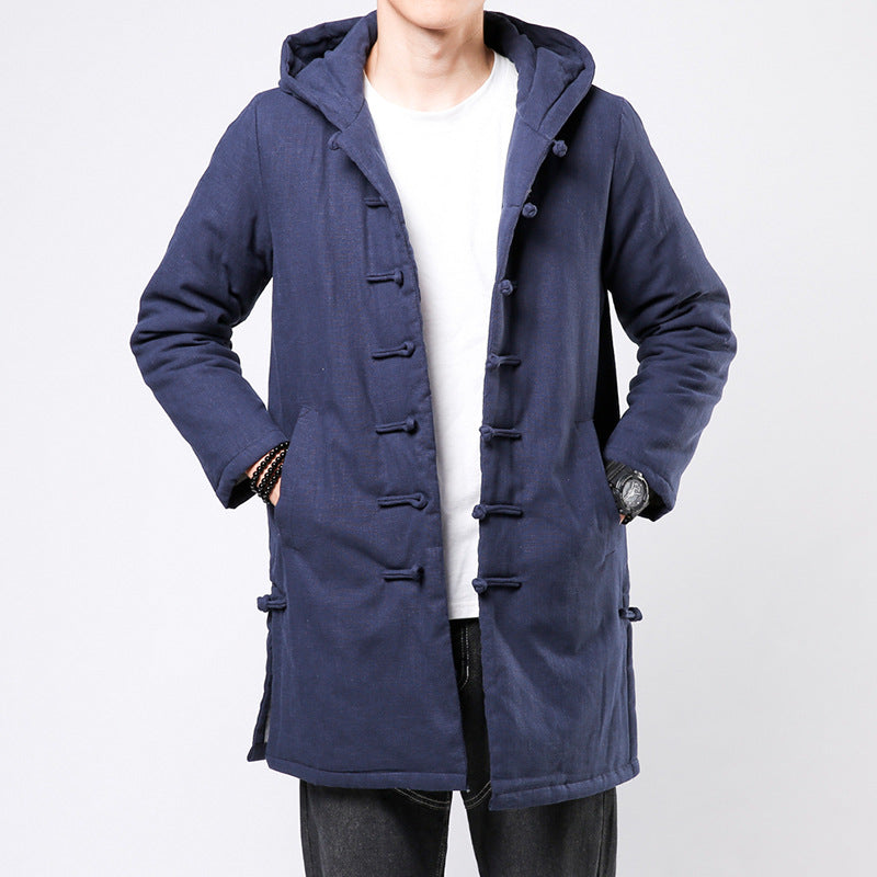Men's Solid Color Loose Tang Suit Hooded Cotton Coat