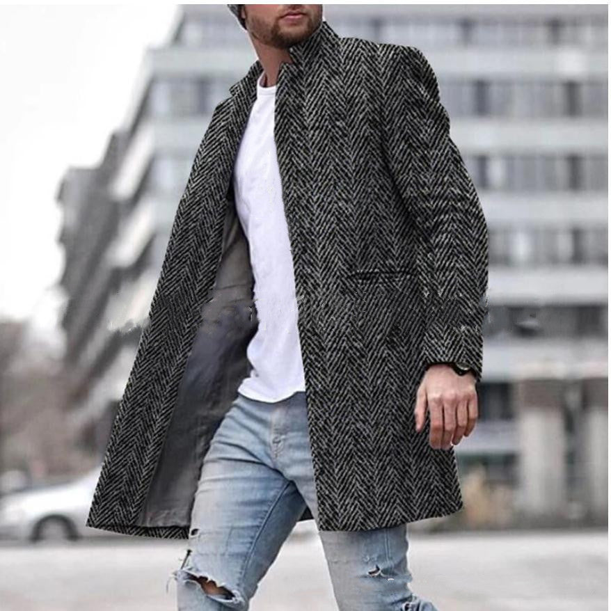 Fashion Casual Men's Herringbone Stand-up Collar Mid-length Woolen Trench Coat