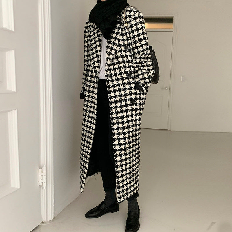 Suit Collar Houndstooth Single-breasted Long-sleeved Woolen Coat