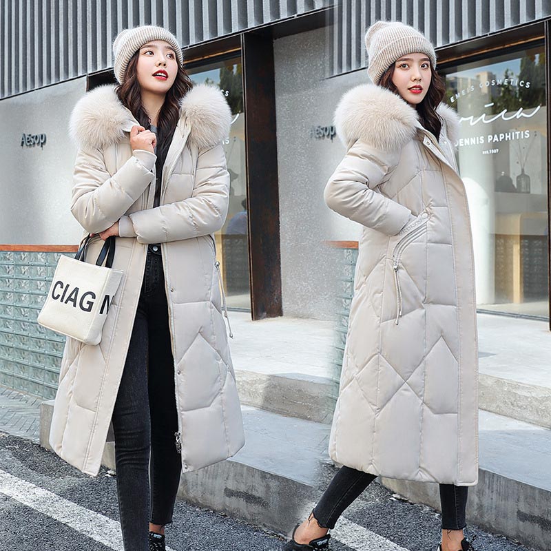 Waist-in-knee Padded Quilted Jacket With Thick Fur Collar