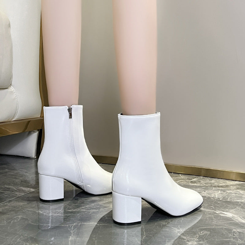 Autumn New Side Zipper Chunky Heel Square Toe Mid-calf Simple Fashion High Heels