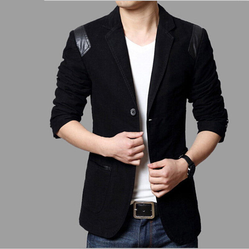 New Slim Fit Cotton Suit Men's Casual Leather Patchwork Large Size Small Suit Single West