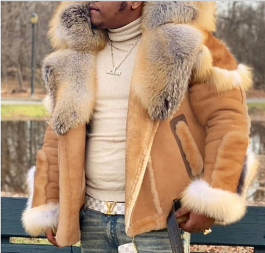 Men's Faux Leather Fleece Fur Collar Long Sleeve Jacket