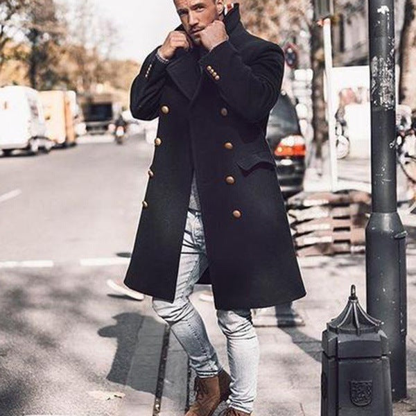 Winter Woolen Men Coat Mid-length Double-breasted European And American Woolen Trench Coat