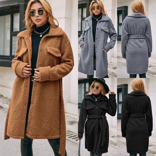 Mid Length Lapel Belted Single Breasted Plush Trench Coat