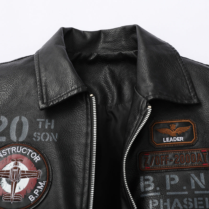 Men's Lapel Embroidery Craft Casual Leather Jacket