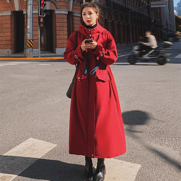 Winter Women's New British Style Hooded Red Cotton Long Coat