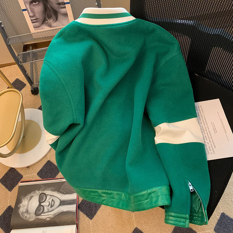 Green Woolen Pu Leather American Retro Casual Jacket Top