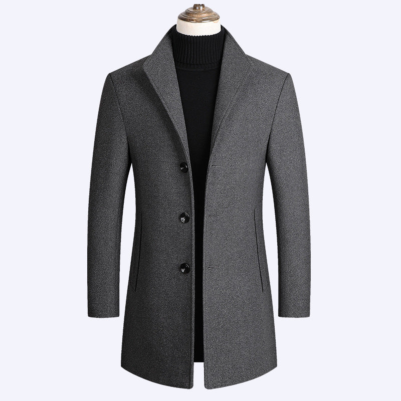 Shun Mao Youth Solid Color Casual Mid-length Woolen Coat