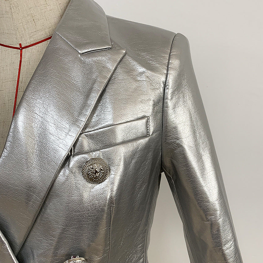 Shiny Silver Synthetic Leather Slim Suit Jacket