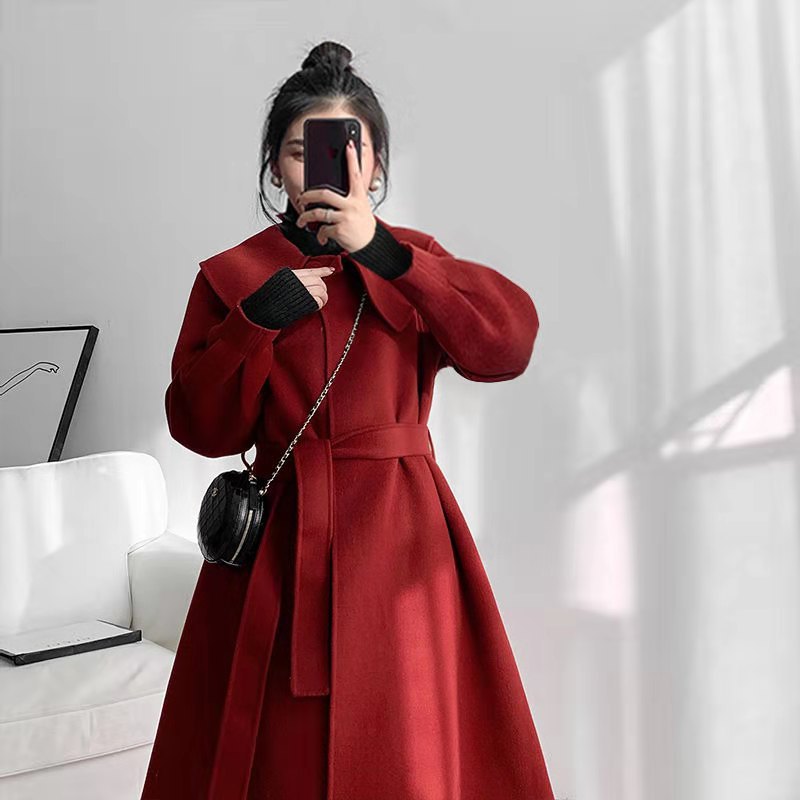 Retro Red Lapel Double-sided Cashmere Wool Coat Women