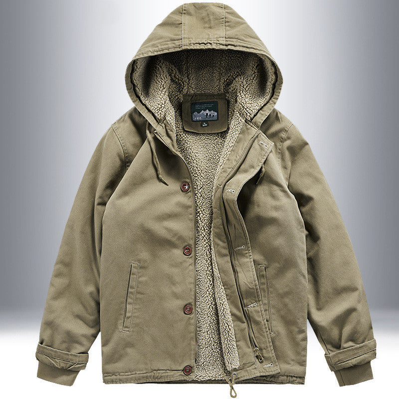 Lamb Wool Men's Cotton Deck Deck Jacket Hooded Plus Velvet