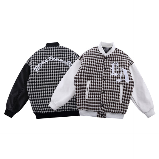 Street Baseball Uniform Embroidered Plaid Patchwork Leather Sleeve Casual Jacket