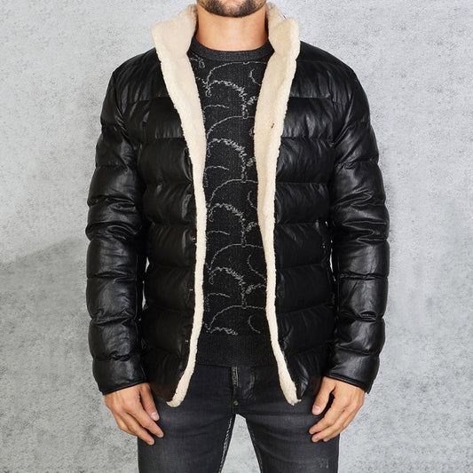 Black PU Leather Puffer Jacket Mid-length Slim-fit Men's Bread Jacket