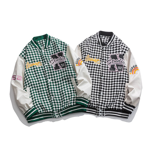 Houndstooth Letter Embroidered Baseball Uniform Casual Loose Jacket