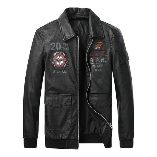 Men's Lapel Embroidery Craft Casual Leather Jacket