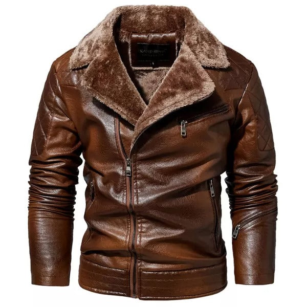 Men's Jacket Oblique Zipper Plus Fleece Suit Collar PU