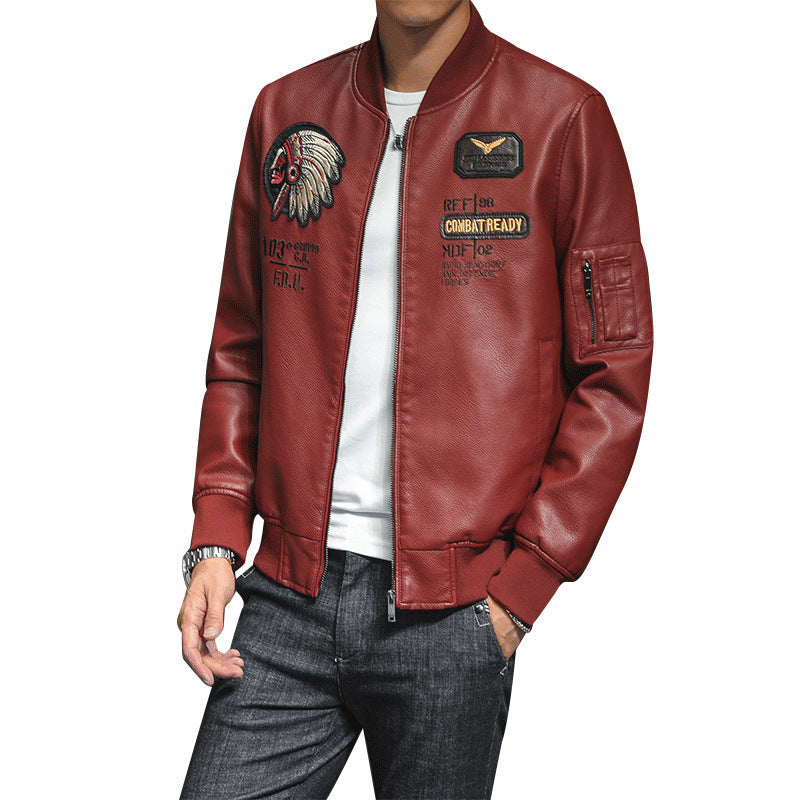 Men's PU Leather Baseball Collar Embroidered Motorcycle Jacket
